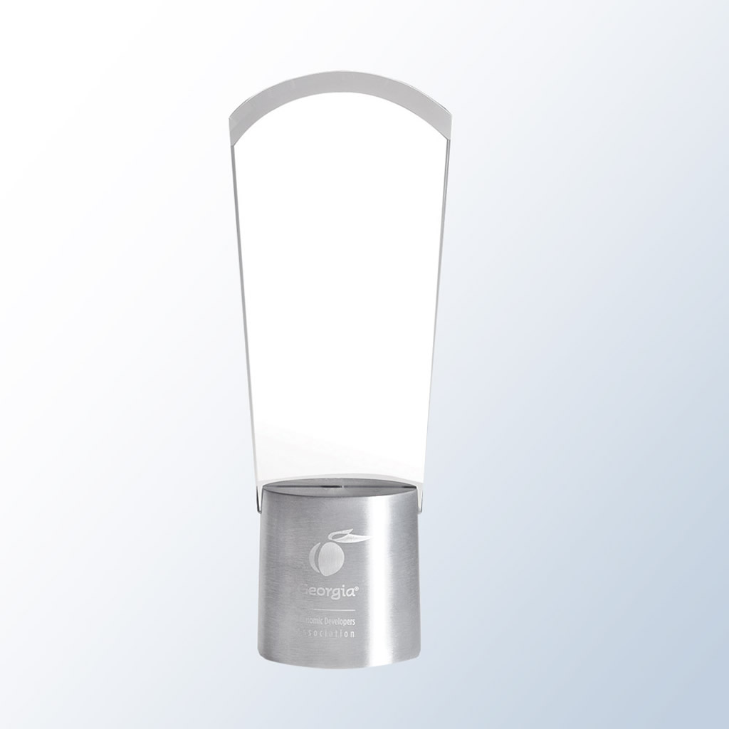 Crystal trophy with clear rectangular top, metal base engraved Georgia logo and "georgia innovation"; corporate recognition award.