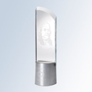 Crystal award trophy with curved top, metal base, and etched Benjamin Franklin portrait for corporate recognition.
