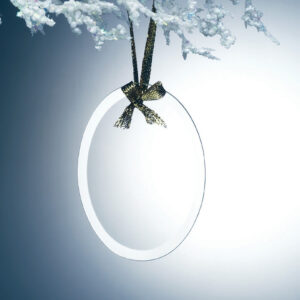 Crystal oval award trophy with gold ribbon detail, ideal for corporate or employee milestone recognition.