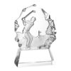 Clear crystal golf trophy with engraved male golfer, course, and flag; ideal for sports achievement or recognition awards.