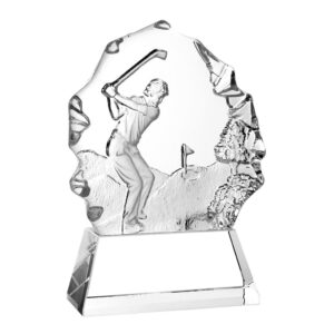 Clear crystal golf trophy with engraved male golfer, course, and flag; ideal for sports achievement or recognition awards.