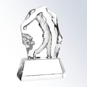 Crystal golf trophy with golfer in mid-swing on rectangular base, blank engraving plaque, for sports or achievement recognition.