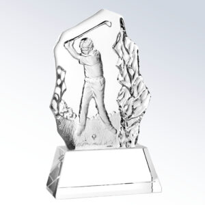Crystal golf award featuring a male golfer mid-swing on a faceted glass base, ideal for corporate or sports achievement recognition.