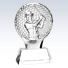 Clear crystal golf trophy with raised golfer and faceted base; ideal for male champion or golf achievement awards.