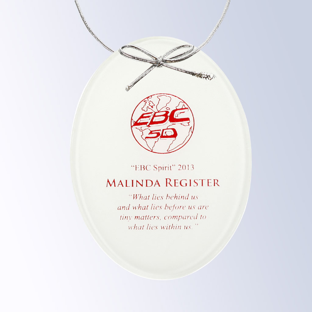 Crystal oval plaque with silver bow, red EBC logo, recipient name, and inspirational quote for employee recognition.