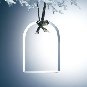 Crystal trophy ornament with gold ribbon, hanging from snow-dusted branch. Ideal for corporate or employee recognition.