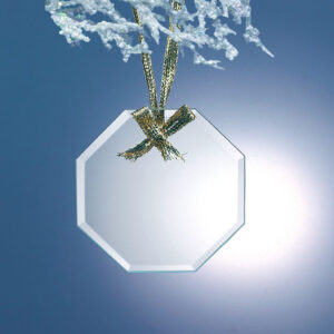 Crystal octagon trophy with gold ribbon, hanging from frosted branch; ideal for corporate or employee achievement awards.