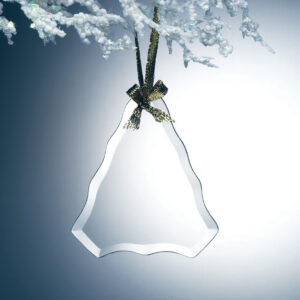 Bell-shaped crystal trophy with gold ribbon on frosted branch, ideal for corporate or employee recognition awards.