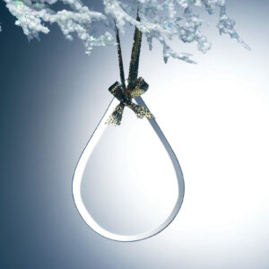 Crystal teardrop award with gold ribbon on frosted branch, ideal for corporate achievement or employee recognition.