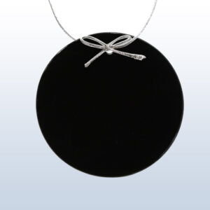 Crystal trophy with round black accent, silver bow detail; ideal for corporate or employee achievement awards.