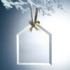 Crystal house-shaped trophy with gold ribbon, ideal for corporate recognition or employee milestone awards.