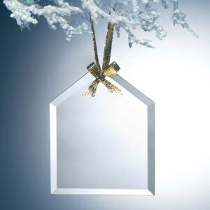 Crystal house-shaped trophy with gold ribbon, ideal for corporate recognition or employee milestone awards.
