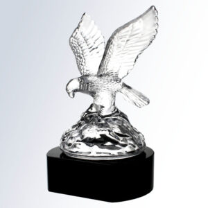 Crystal eagle trophy on rocky base with black pedestal; ideal for corporate recognition or achievement awards.