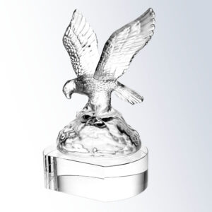 Crystal eagle trophy on rocky base and curved pedestal, ideal for corporate achievement or employee recognition awards.