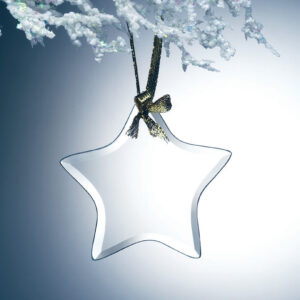 Crystal star award hanging from gold ribbon, displayed on frosted branch; ideal for employee or corporate recognition.