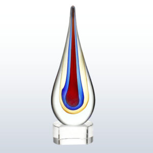 Crystal teardrop trophy with yellow and blue layers on clear base, ideal for employee or corporate recognition awards.