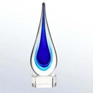 Blue crystal teardrop award with clear base, ideal for corporate or employee recognition, displayed on a white background.
