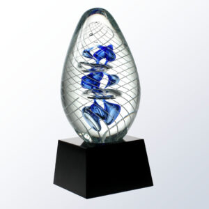 Crystal teardrop award with blue and white swirl, glass material on black base, ideal for corporate recognition or milestones.