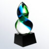 Crystal award trophy with swirling green and blue design on black base, ideal for corporate or employee recognition.