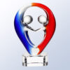 Crystal trophy featuring two abstract blue and red figures embracing, ideal for corporate achievement or milestone recognition.