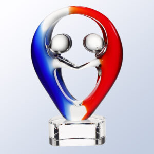 Crystal trophy featuring two abstract blue and red figures embracing, ideal for corporate achievement or milestone recognition.