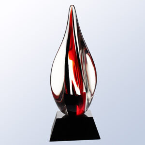 Crystal flame trophy with red and clear glass on black base, ideal for corporate recognition or employee milestone awards.