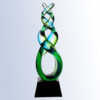 Crystal double helix trophy in green and blue glass on black base, ideal for corporate or employee achievement recognition.