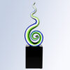 Crystal spiral trophy in green, blue, and white on black base, ideal for corporate or employee achievement recognition.