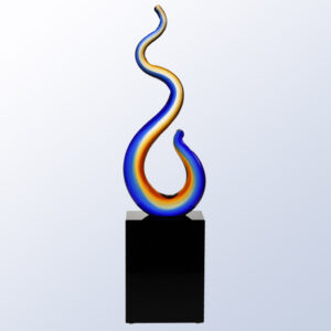 Crystal flame trophy in blue, orange, and yellow on black base, ideal for corporate recognition or milestone awards.