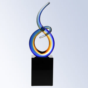 Crystal award trophy with blue, yellow, and orange swirls on black pedestal, ideal for corporate or employee recognition.
