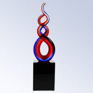 Crystal award trophy with intertwined red and blue glass loops on black base, ideal for corporate or employee recognition.