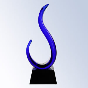 Blue crystal trophy with elegant curved loop design on black base, ideal for corporate or employee recognition awards.