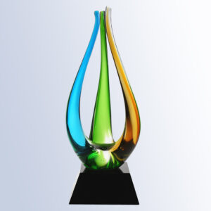 Crystal trophy with intertwined blue, green, and yellow glass on a black base, ideal for corporate or employee recognition.