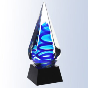 Crystal teardrop award with blue swirl design on black base, ideal for corporate recognition or achievement.
