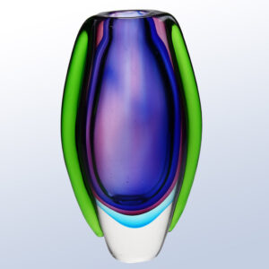 Crystal vase award with purple and blue core, green accents, and clear base; ideal for corporate or employee recognition.
