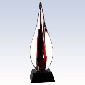 Crystal teardrop award with red and clear swirls on black base, ideal for corporate or employee recognition.
