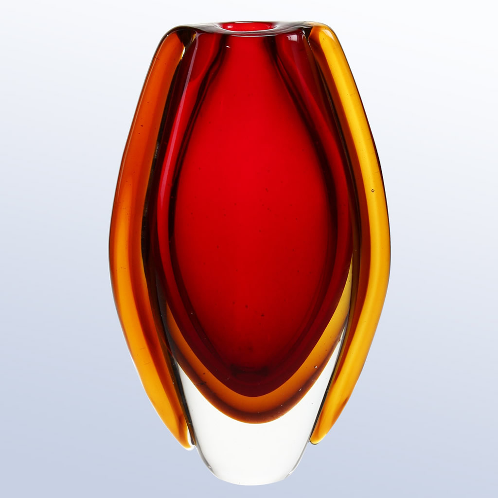 Crystal vase award with vibrant red center and amber accents, ideal for corporate recognition or milestone achievements.