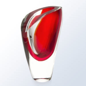 Crystal award trophy with abstract red interior, clear glass body; ideal for corporate or employee achievement recognition.