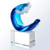 Crystal wave trophy in blue and white glass, mounted on a clear base, ideal for corporate achievement recognition.