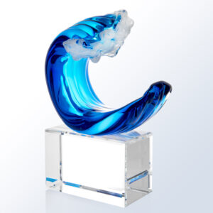 Crystal wave trophy in blue and white glass, mounted on a clear base, ideal for corporate achievement recognition.