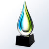 Crystal teardrop award with blue-green accents on black base, ideal for corporate or employee recognition.