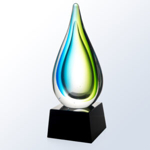 Crystal teardrop award with blue-green accents on black base, ideal for corporate or employee recognition.