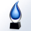 Blue crystal teardrop trophy on black base, ideal for corporate recognition or employee achievement awards.
