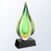 Crystal teardrop award with green, yellow, and blue layers on black base, ideal for corporate recognition or employee achievement.