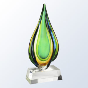 Crystal teardrop award with green, yellow, and blue swirls on a clear base, ideal for corporate recognition.
