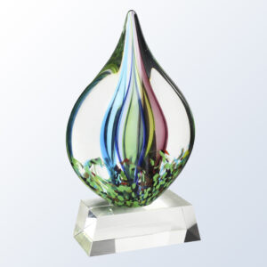 Teardrop-shaped crystal award with swirling blue, green, and pink colors on a clear base, ideal for corporate recognition.