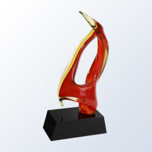 Crystal trophy with curved red and yellow glass design on black base, ideal for corporate achievement or employee recognition.