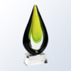 Crystal teardrop trophy with black and yellow-green accents on clear glass base, ideal for corporate recognition awards.