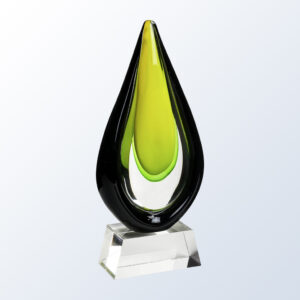 Crystal teardrop trophy with black and yellow-green accents on clear glass base, ideal for corporate recognition awards.