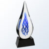 Teardrop crystal trophy with blue swirl design on black base, ideal for corporate recognition or employee achievement awards.